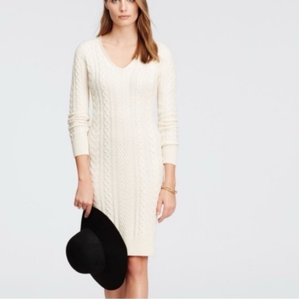 ANN TAYLOR Cable Knit Sweater Dress XXL Wool Alpaca Blend Cream Long Sleeves